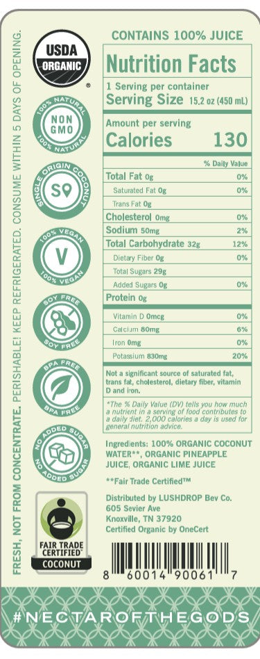 LUSHDROP 100% Organic Coconut Water - Pineapple-Lime Infused CASE